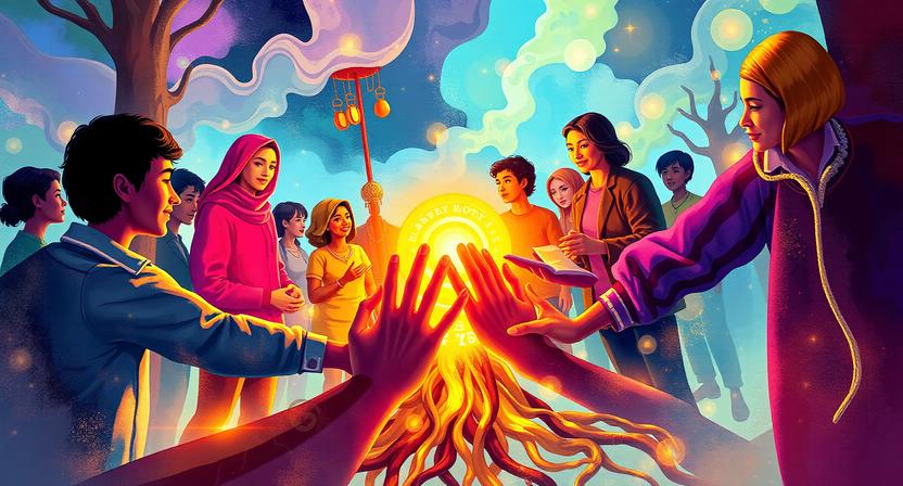 Diverse community collaborating and sharing resources, glowing roots connecting everyone, illustrating shared wealth and collaboration