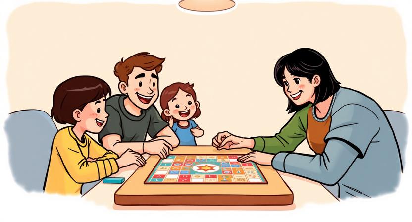 A family of four playing a cooperative board game together, illustrating what families learn from cooperative games in a fun and engaging setting